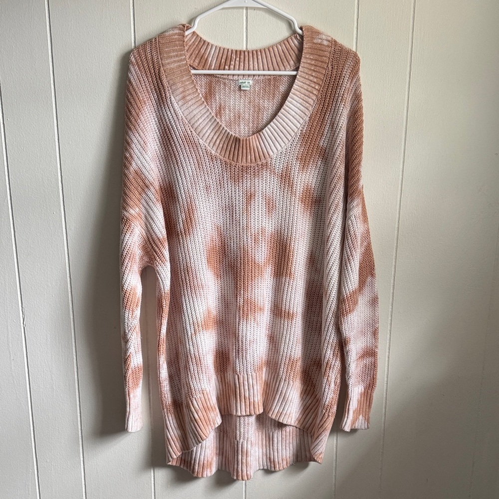 aerie Peach & White Open Knit Tie-Dye V-Neck Sweater Sz M